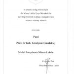 Medal Prezydenta Miasta Lublin 2012 dla profesor Grażyny Ginalskiej