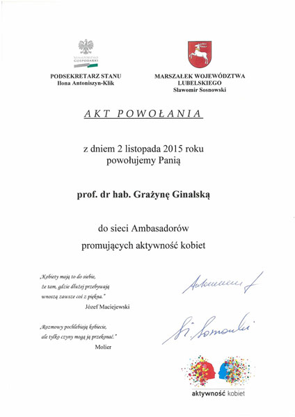 Akt powołania profesor Grażayny Ginalskiej do sieci Ambasadorów promujących aktywność kobiet