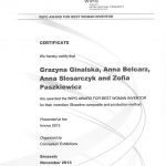 Certyfikat dla Grażyny Ginalskiej, Anny Belcarz, Anny Slosarczyk i Zofii Paszkiewicz "Best Woman Inventor"